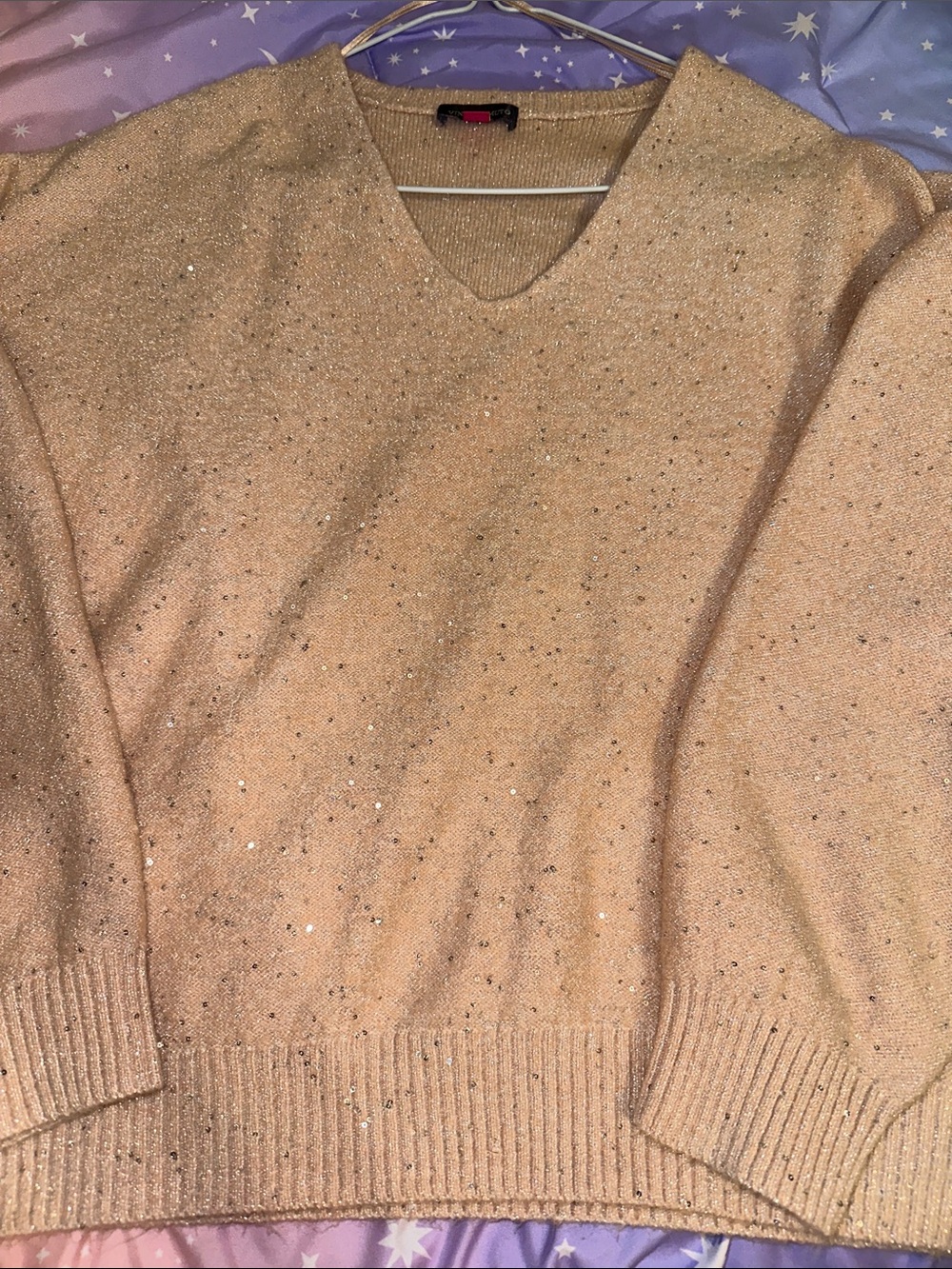 Vince Camuto Beige Sequin V-Neck Sweater